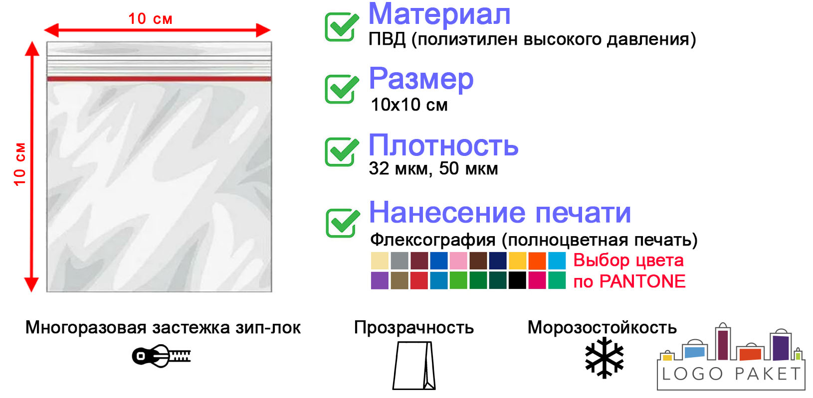 Пакет с замком zip-lock ПВД 10x10 см инфографика